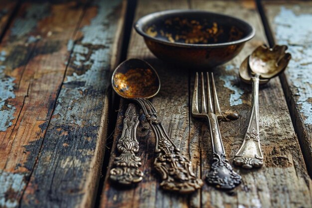 Old fork and spoon on wooden background