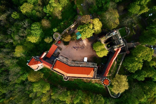 푸른 숲 에 둘러싸인 옛 요새 에 대한 항공 사진 Grodziec Castle 폴란드