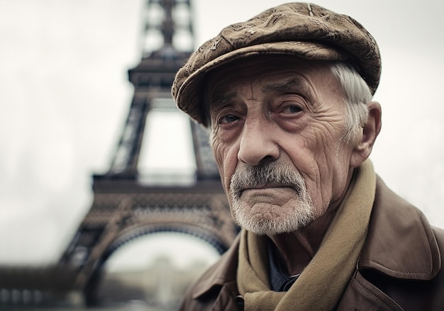 An old French man in a cap on the background of the Eiffel Tower in Paris