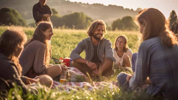 Old friends gathering for a reunion picnic in a country meadow