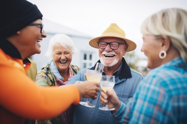 Photo old friends toasting at a vineyard