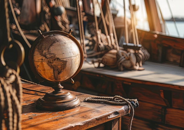 Old frigate pirate ship adventure with rustic globe navigation explores seas