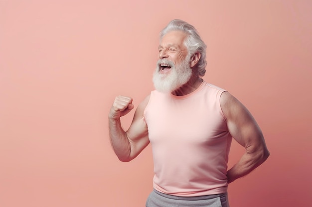 Old funny positive man with dumbbells on pink background Active lifestyle concept Generative AI illustration