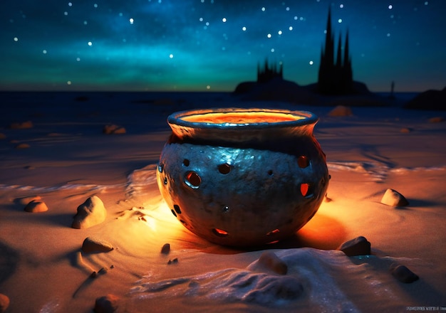 Photo an old galvanized pot on the sand under the stars