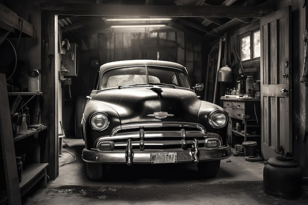 Old garage with classic car parked inside ready to hit the road created with generative ai