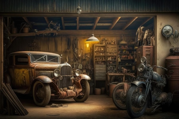 An old garage with a variety of vintage cars trucks and motorcycles