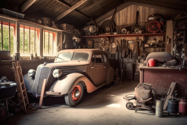 Foto vecchio garage con auto d'epoca e banco attrezzi pronto per un nuovo proprietario creato con intelligenza artificiale generativa