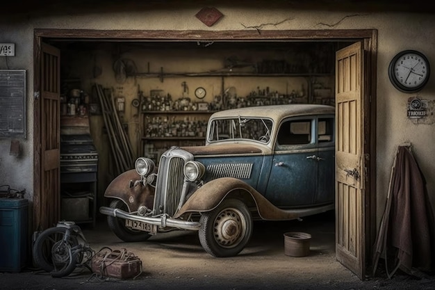 빈티지 자동차 도구 및 기타 기념품이 원래 상태로 보존된 오래된 차고