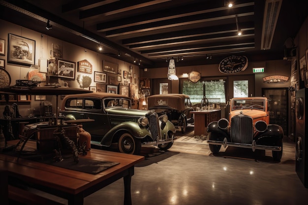 Old garage with vintage cars and classic decor in retrothemed setting created with generative ai