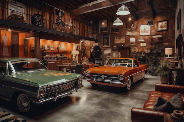 Foto vecchio garage con auto d'epoca e decorazioni classiche in un ambiente a tema retrò creato con l'ia generativa