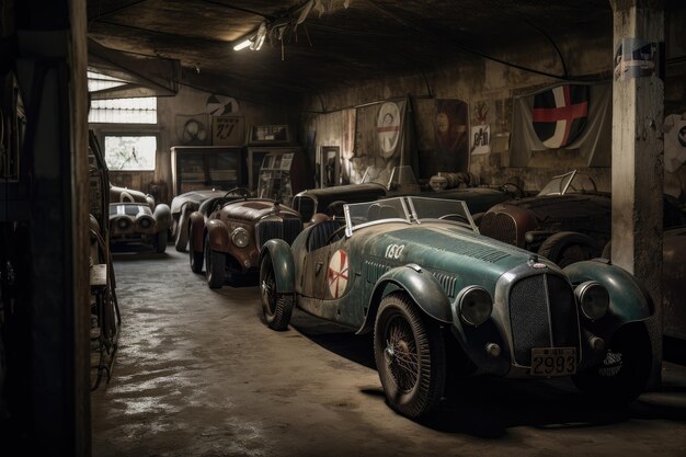 Foto vecchio garage con auto d'epoca ancora nel loro splendore sulla pista creata con l'ia generativa