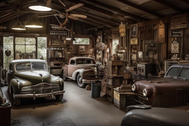 Old garage with vintage cars and tools on display created with generative ai