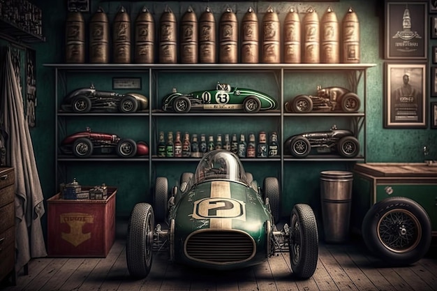 An old garage with a vintage race car and trophies displayed on the shelves