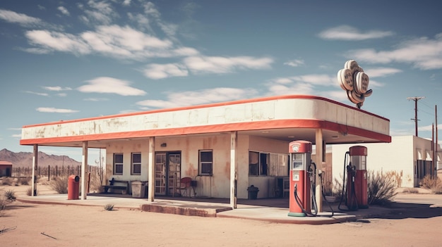 Foto una vecchia stazione di servizio con una pompa di benzina e un cartello che dice vecchia stazione di servizio.