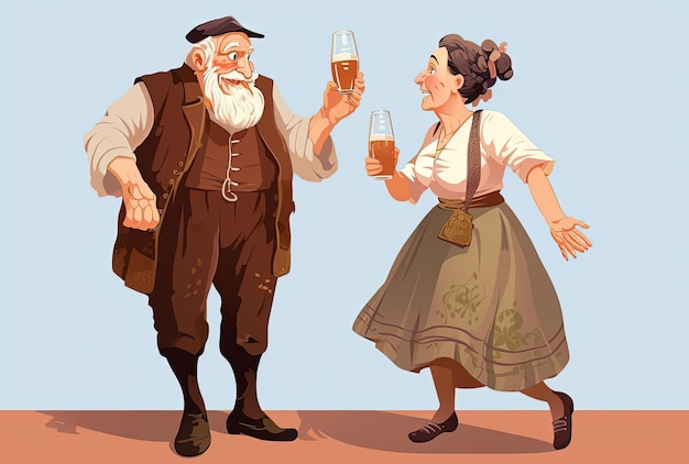 an old german comical couple with draught beer vector in the style of colorful animation stills