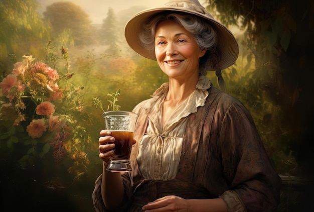 an old german woman wearing is holding a beer glass and smiling in the style of english major
