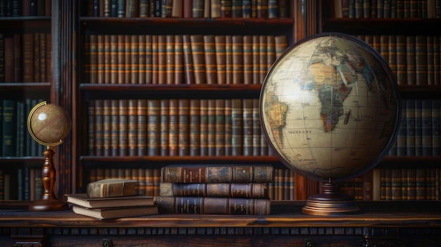 An old globe against a bookshelf