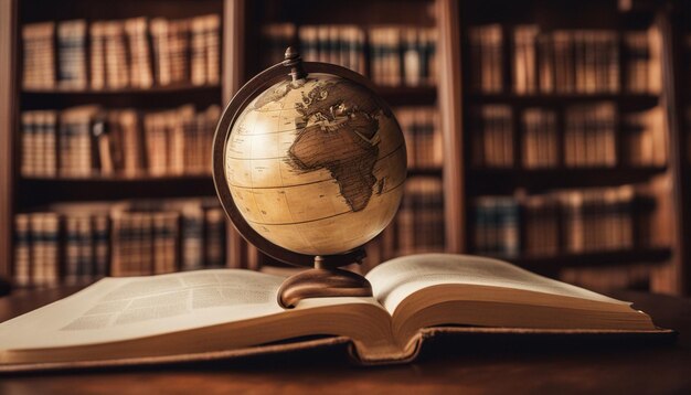 Old globe lying on an open book against the background of bookshelves in a library Selective