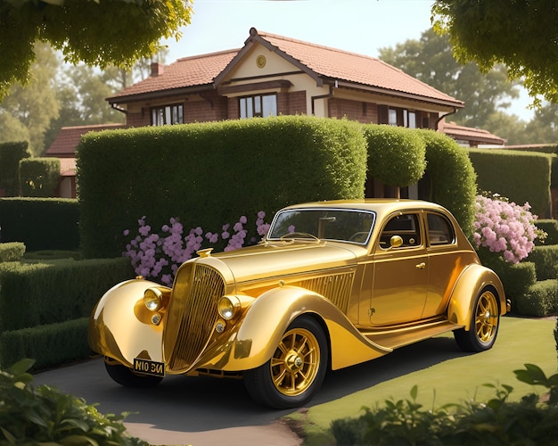 Old golden car in house garden