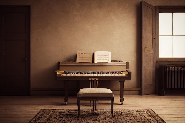 사진 방에 있는 오래된 그랜드 피아노