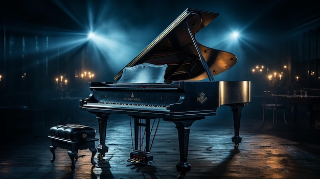 An old grand piano in the middle of dark blank room with god rays light it up AI generate