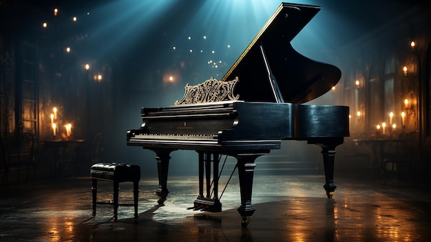 An old grand piano in the middle of dark blank room with god rays light it up AI generate