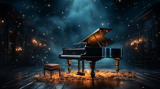 An old grand piano in the middle of dark blank room with god rays light it up AI generate