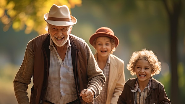 An old grandfather walking with grandchildren in a park with a warm smile