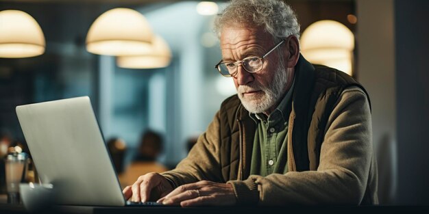 old grandfather working on the computer