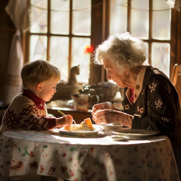 Old Grandmother and granddaughter baby together taking care and enjoying lunch at home in window light Concept of family and different ages people in indoor leisure activity Healthy lifestyle lady