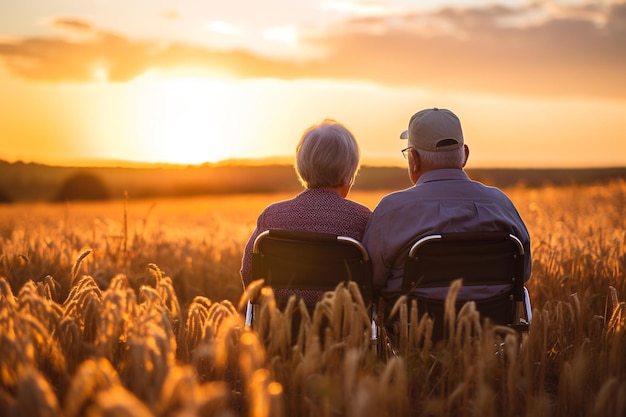 Old grandmother and grandfather grandparents grandma amd grandpa on a wheelchair look at sunset pensioners retirees senor and senorita happy sad old age