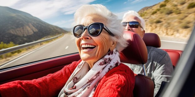 An old grandmother is driving a sports car