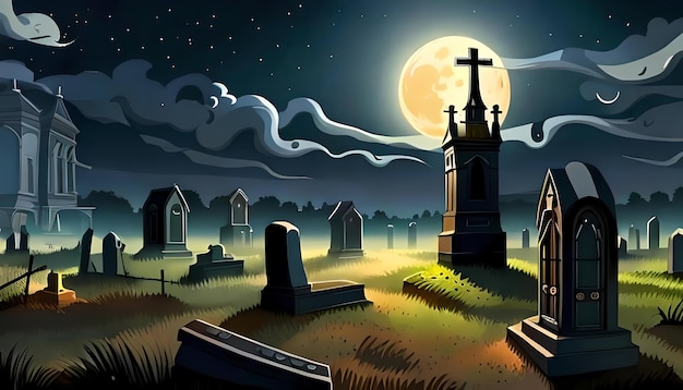 Old graveyard on Halloween night Generative AI illustration