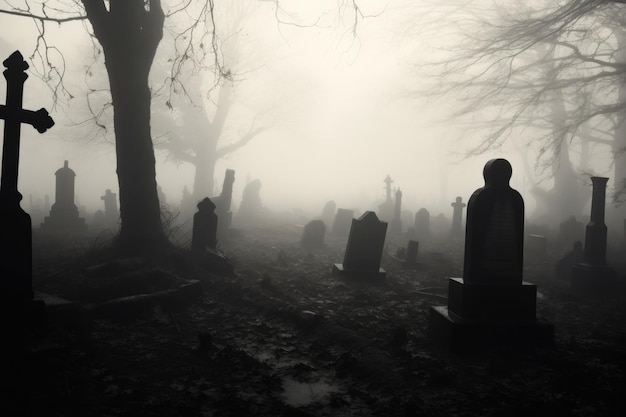 Old Graveyard in the Mist Black and White Photo of Eerie Cemetery with Graves Tombs