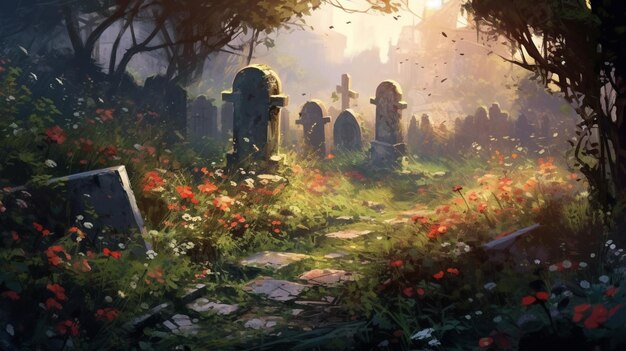 花が散乱し、生い茂った古い墓地