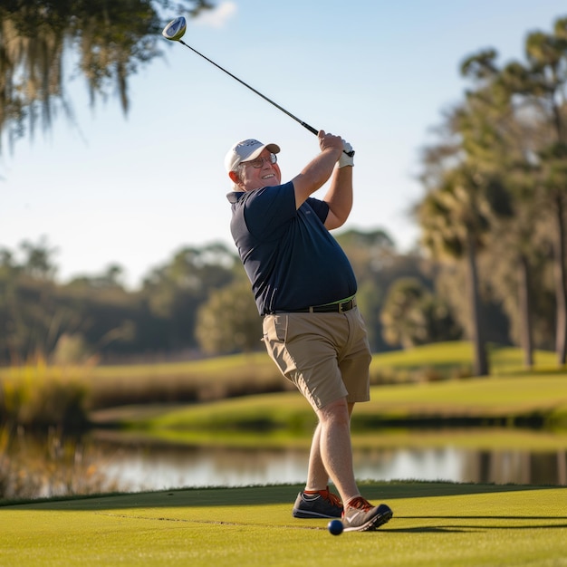 Old grayhaired man in a cap and glasses enjoys playing golf on the course