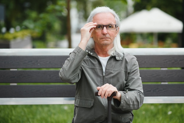 Il vecchio uomo dai capelli grigi riposa sulla panchina nel parco estivo