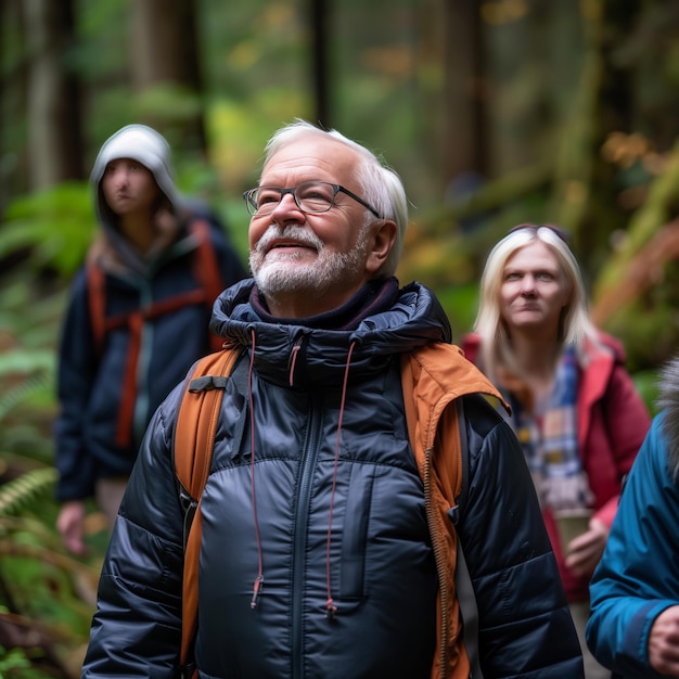 Old grayhaired man with his company on a mountain hike in nature