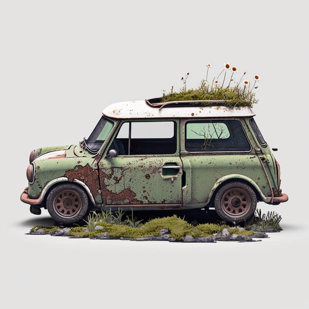 An old green car with a roof rack on top of it.