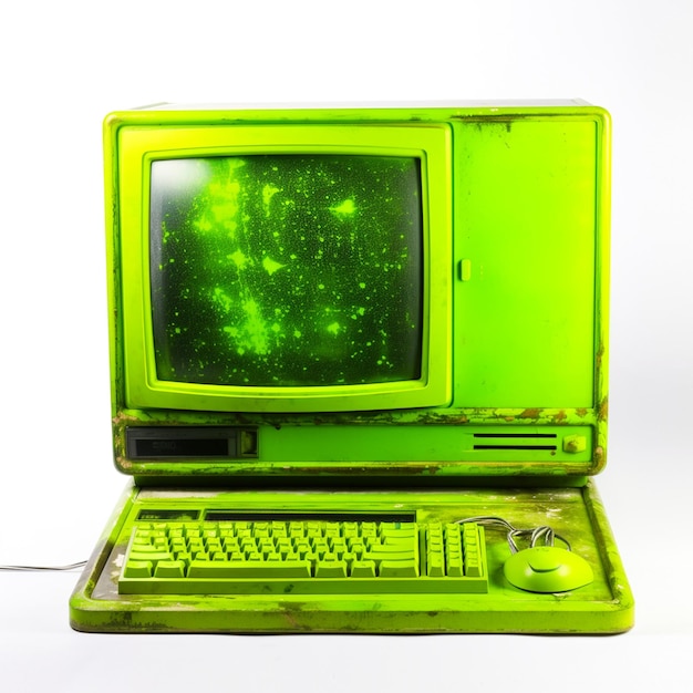 An old green computer with a keyboard and mouse.