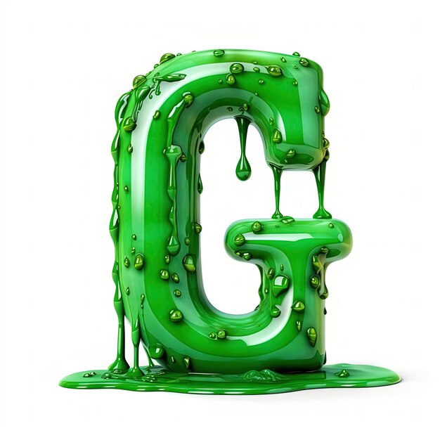 an old green letter g dripping with liquid drops on a white background