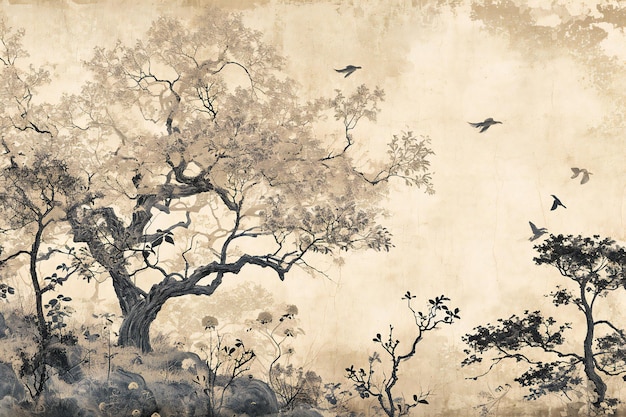 Photo old grunge paper background with tree and bird vintage style illustration