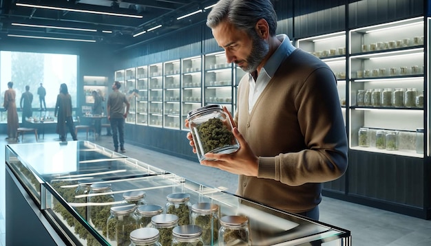 Photo old guy choosing weed on a dispensary