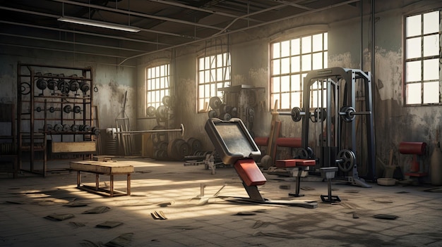 Old gym interior with equipment