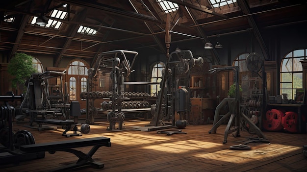 Old gym interior with equipment