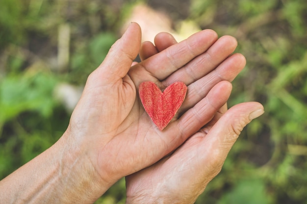 Old hand grandmother hold heart