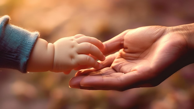 old hand holding the new born baby's hand with blur background