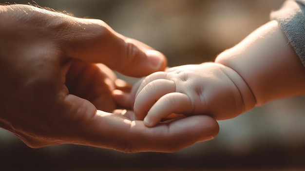 old hand holding the new born baby's hand with blur background