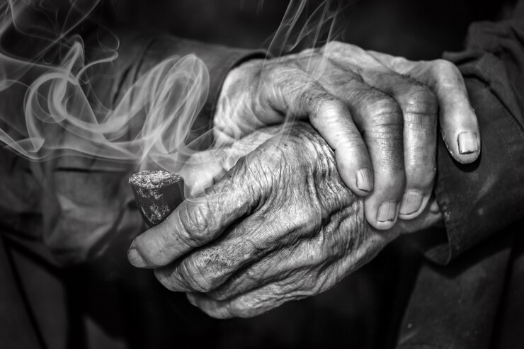 Old hands holding the pipe with smoke