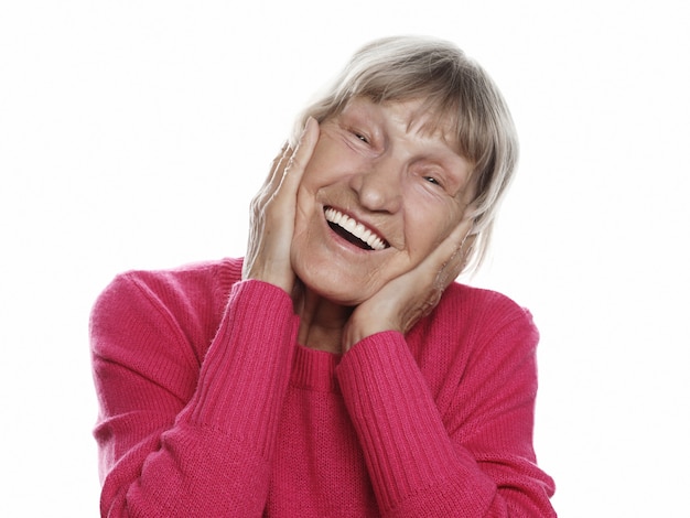 Old happy surprised woman